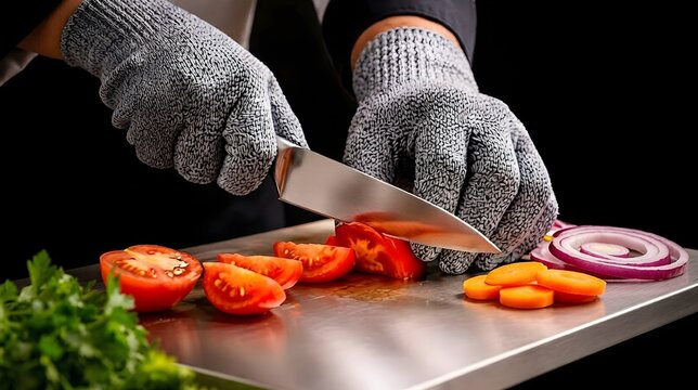 Chef wearing cut resistant safety gloves slicing fresh red tomatoes on stainless steel board with carrots and onions, representing kitchen safety, food preparation, and culinary protection.