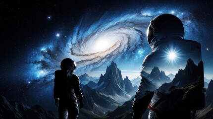 Fototapeta premium Astronaut silhouette stands in deep space looking at huge swirling galaxy. Double exposure art shows mountain landscape inside cosmic suit. Sci-fi concept of space exploration, discovery, universe