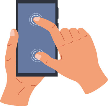 Hands holding smartphone, simultaneously touching the screen with thumbs, indicating multi touch interaction
