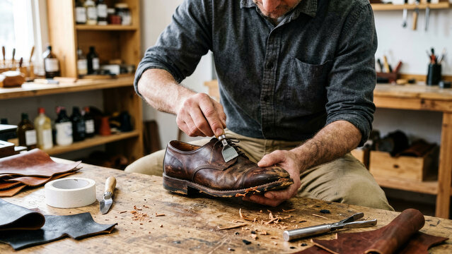 Leatherworker leans over a bench cutting and shaping a brown leather piece with a handheld tool in a workshop devoted to artisan accessories and practical repairs