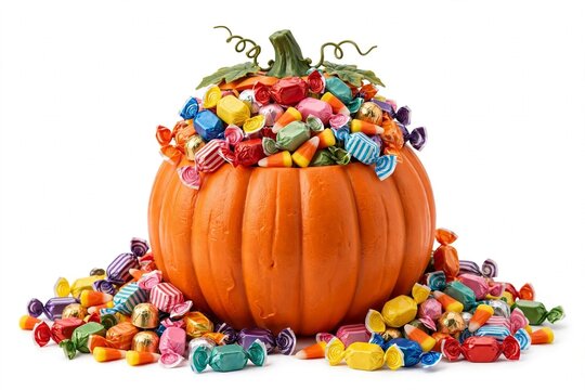 Pumpkin candy bucket filled with wrapped halloween candies isolated on white background, generative AI