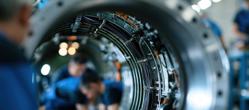 Technicians assembling aircraft fuselage interior with exposed structural ribs and wiring