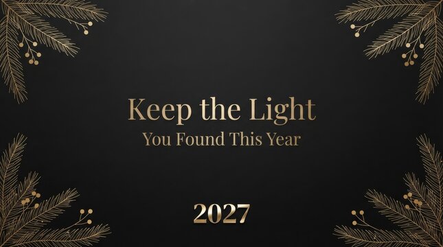 Matte Black Gold Pine Branch Christmas Text Space - Elegant New Year's Eve background with gold pine, space, and inspirational message for reflection and future hope