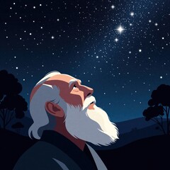 Fototapeta premium Elderly man with white beard looks up at bright starry night sky. Wise old person contemplates universe, cosmos in dark outdoors. Art shows lonely senior man watching stars, constellations above