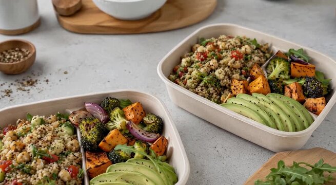 Healthy meal-prep bowls with couscous salad, roasted vegetables, chickpeas and sliced avocado in eco-friendly containers on a light kitchen countertop