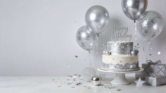 Silver birthday cake balloons confetti ribbons gifts decoration celebration party shine glitter.