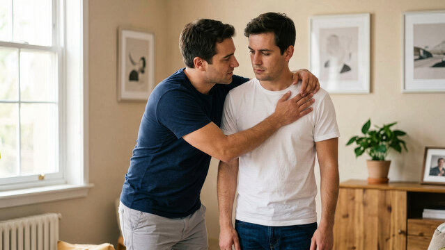 Two adult men share a supportive embrace while standing in a bright living room expressing warmth friendship and the value of emotional connection between people