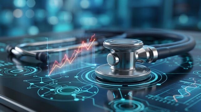 A modern stethoscope rests on a digital interface with glowing medical data graphs and futuristic technology elements.