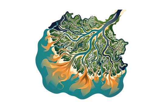 River delta with branching channels and sediment plumes