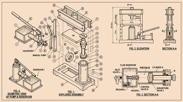 Vintage technical drawing of hydraulic press, exploded assembly diagram of industrial pump, retro engineering blueprint vector