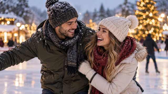 Happy young couple enjoying a romantic winter date on an outdoor ice rink with glowing Christmas lights, snow and festive decorations