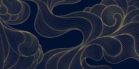 Obraz na płótnie Canvas Luxury abstract wave pattern with elegant golden lines, flowing curves, clouds background, Japanese, Art Deco elements. Premium wallpaper, cards, graphic design, fancy curve card