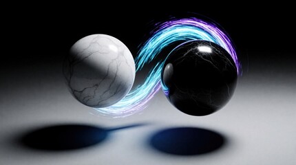 Fototapeta premium Abstract 3D render of black, white marble spheres. Energetic glowing blue, purple light swirls between dark, light orbs. Futuristic concept of quantum physics, digital connection, data transfer,