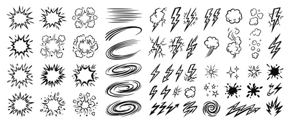 Set of comic book action effects, explosions, lightning bolts, speed lines and smoke © Zhang Wei