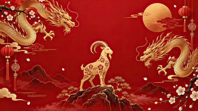 Traditional Chinese-inspired red and gold illustration featuring a goat on a mountain between two dragons, with a moon, lanterns, blossoms, and clouds.