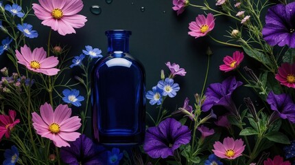 Fototapeta premium Blue glass bottle sits among colorful flowers on dark background. Pink cosmos, purple petunias surround cosmetic product. Top view flat lay of floral arrangement for organic skincare, perfume,