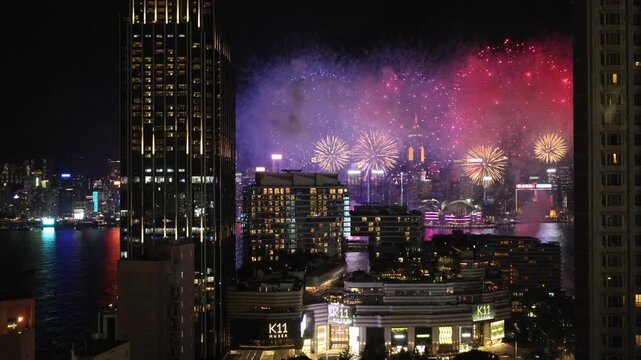 Wide view of fireworks over Hong Kong Victoria Harbour, full skyline and waterfront visible