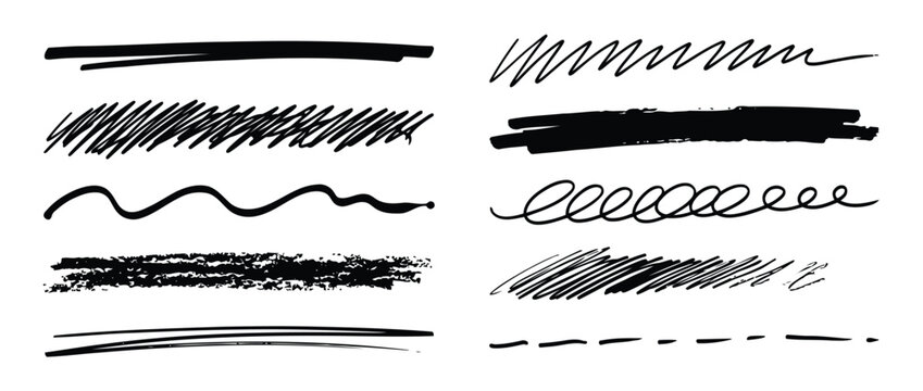Set of hand drawn underline brushes, marker stripes, and scribble strokes