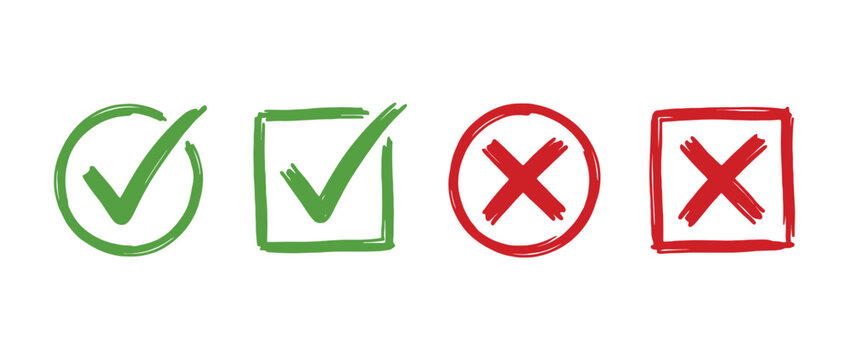 Handdrawn check mark and cross symbols inside circles and squares