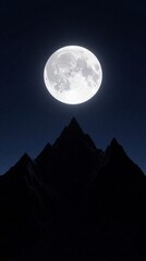 Fototapeta premium Large full moon shines bright above dark mountain peaks at night. Huge glowing lunar sphere hangs over black silhouette landscape. Night sky background with celestial light. Calm peaceful atmosphere