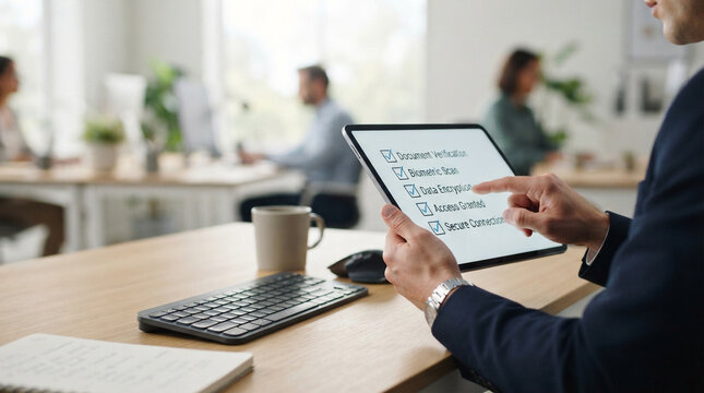 Man's hand checking task on tablet screen during workday in modern office with blurred colleagues