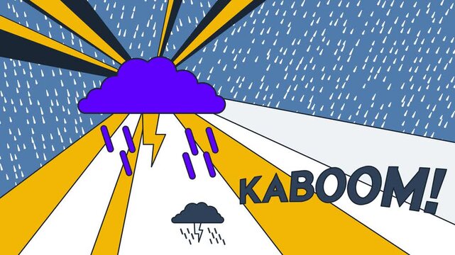 Comic book style animated storm cloud pours heavy rain and lightning, pop art weather background, loopable animation