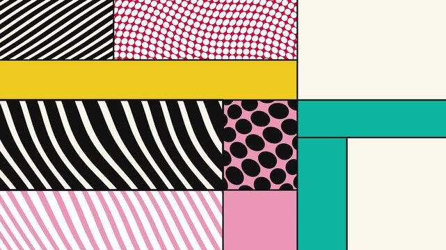 Vibrant pop art geometric shapes shift and change colors in a dynamic modern art animation, energetic loopable visual experience