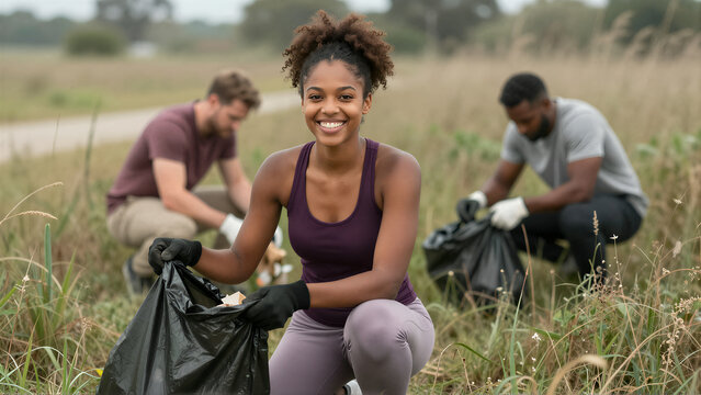 Young Black woman and volunteers picking up litter in a grassy field