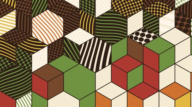 Vibrant retro abstract op art animation of geometric cubes shifting patterns and colors continuously across the dynamic design.