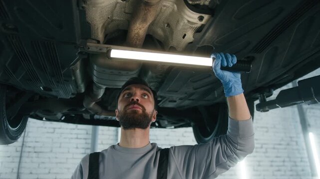 Focused Caucasian man mechanic working beneath SUV at garage station male technician check steel components with work light repair engineer inspecting vehicle underside automotive service maintenance