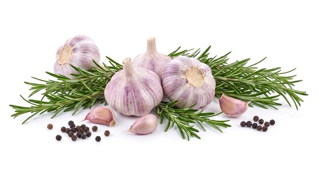 Fresh Garlic with Sprigs of Rosemary and Peppercorns on White