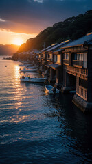 Fototapeta premium Traditional wooden houses sit along waterfront at sunset. Fishermen homes feature boathouses on ground floor for easy boat access. Small boats float near docks in calm sea. Scenic coastal village