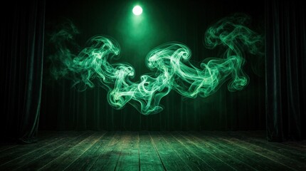 Naklejka premium Vibrant green smoke swirls in mid air on dark wooden stage. Single bright spotlight illuminates neon vapour clouds above empty floor. Dramatic atmosphere with mystery, magic mood for theater