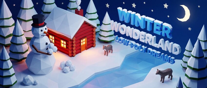 Low poly winter landscape with cabin snowman