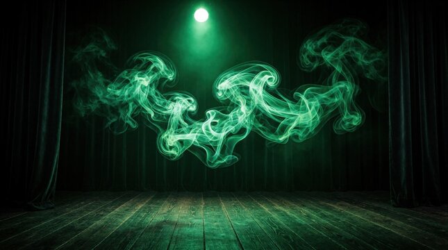 Vibrant green smoke swirls in mid air on dark wooden stage. Single bright spotlight illuminates neon vapour clouds above empty floor. Dramatic atmosphere with mystery, magic mood for theater
