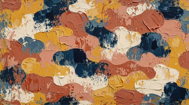 Abstract camouflage pattern with thick impasto brush strokes. Colorful organic shapes in blue, peach, yellow, cream tones create artistic background. Textured oil paint style provides modern