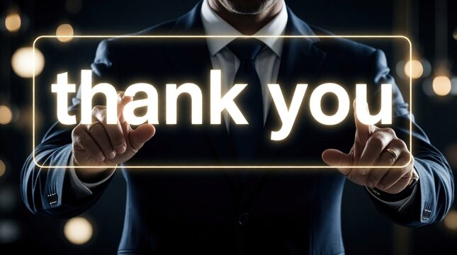 Pro businessman in dark suit touches glowing thank sign on digital interface. Male entrepreneur uses virtual screen for gratitude, appreciation message. Corporate concept of client service, success