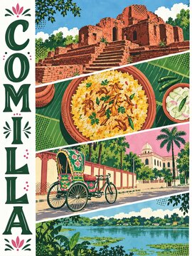 Illustrated Comilla travel collage featuring ancient brick ruins, flavorful rice, a decorated rickshaw, and a peaceful riverside scene.