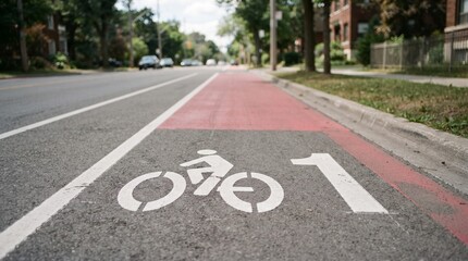 Obraz premium Dedicated bicycle lane painted in bright red and white on urban asphalt road surface during daylight hours