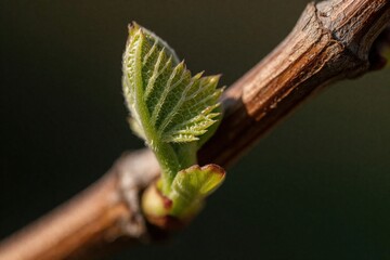Naklejka premium Close up of young green bud growing on grapevine branch. New leaf emerges from woody vine in spring. Small plant sprout shows early stage of grape growth in vineyard during sunny season. Agriculture,