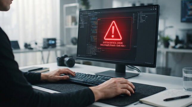 Programmer with critical system error message displayed on computer screen in modern office setting