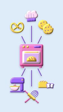 Bakery and baking diagram 3d clay animation pastel blue background