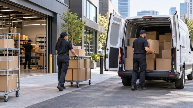 Delivery workers move cardboard boxes from a fulfillment warehouse into a cargo van, illustrating behind-the-scenes delivery infrastructure in an urban business district.