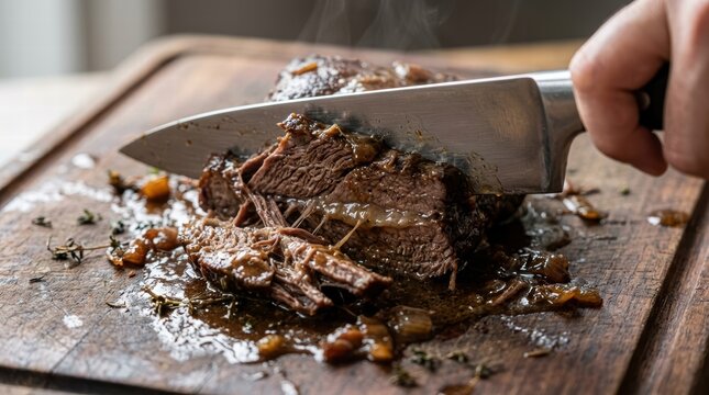 Chef's hand slicing succulent braised beef on a rustic cutting board, steam rising from the tender meat, presenting gourmet comfort food for a hearty meal