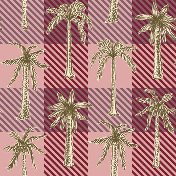Retro tropical palm tree seamless pattern on abstract plaid background