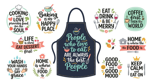 Kitchen apron vector illustration collection featuring funny typography quotes and cute cooking utensils graphic elements