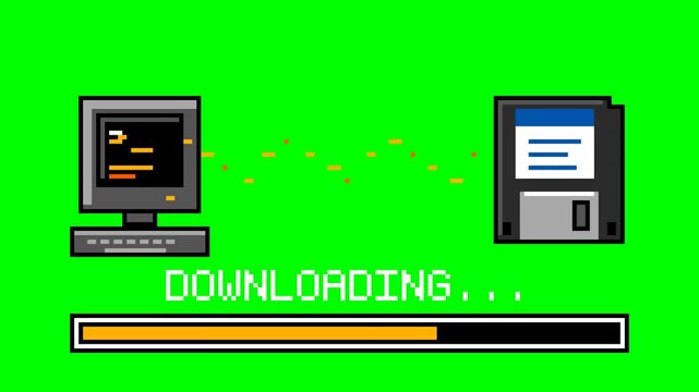 Green Screen retro pixel art illustration showing vintage computer data transfer to floppy disk with progress bar and downloading text 