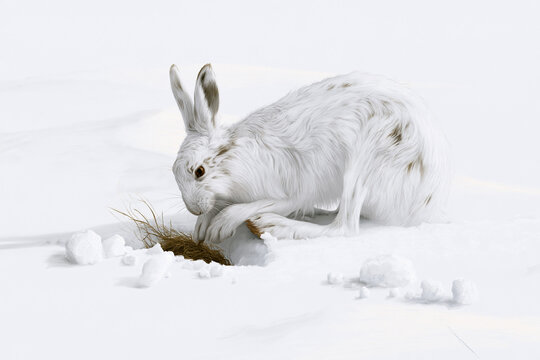 White arctic hare crouches in deep snow while nibbling exposed dry grass in a quiet winter landscape