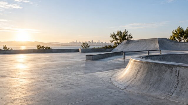 Empty concrete skatepark with curved ramps and a low rail in morning light