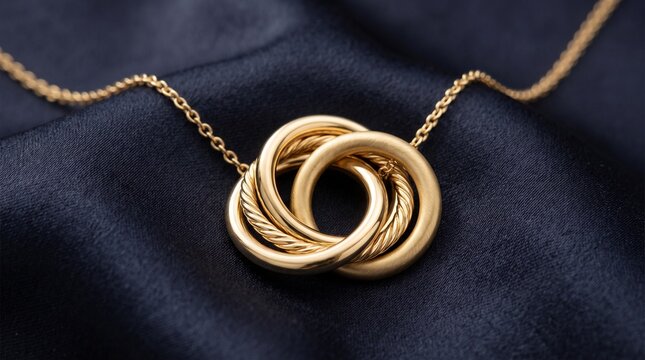Gold interlocking rings necklace on dark blue silk fabric with rings rests